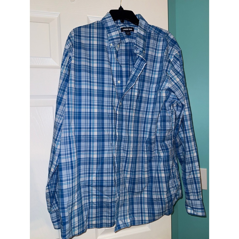 Lands End Mens XL Tall Blue White Plaid ButtonDown Shirt Traditional Fit 17-17.5